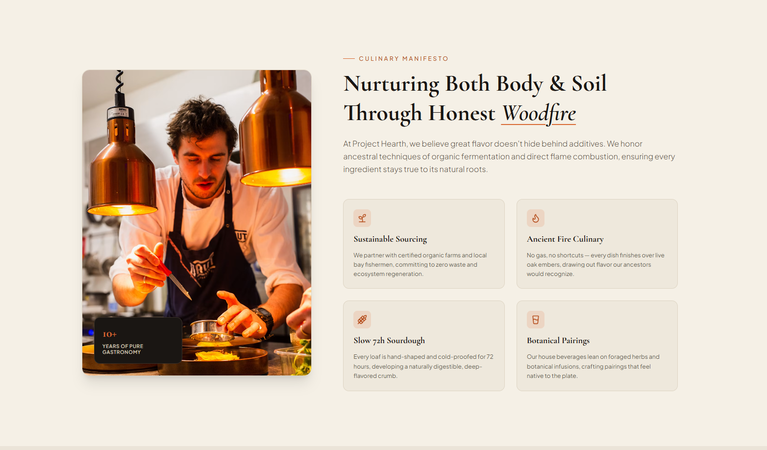 Restaurant website about section with founder image, brand story text, and a four-column feature highlights grid.