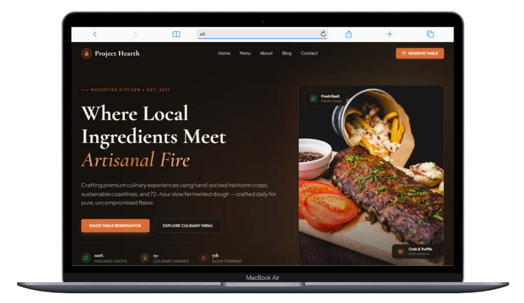 Restaurant website homepage hero section shown in laptop mockup with headline, subtext, dual call-to-action buttons, and dish photography.