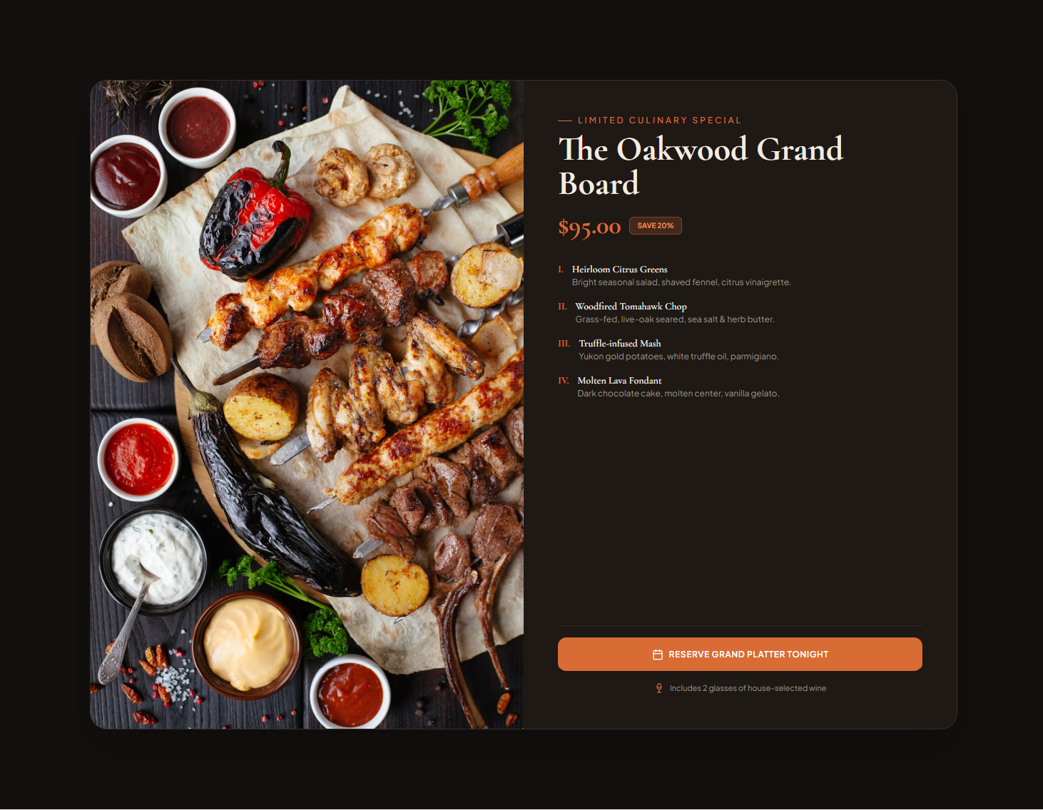 Restaurant website featured menu section with full-bleed dish photography, itemized description list, pricing, and reservation call-to-action.
