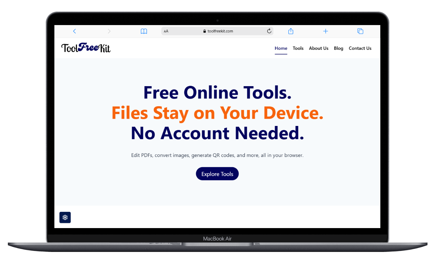 ToolFreeKit homepage hero section shown on a laptop mockup.