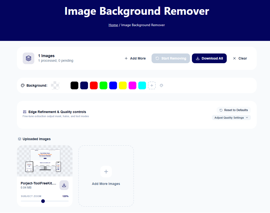 ToolFreeKit image background remover tool removing the background from a photo directly on your device.