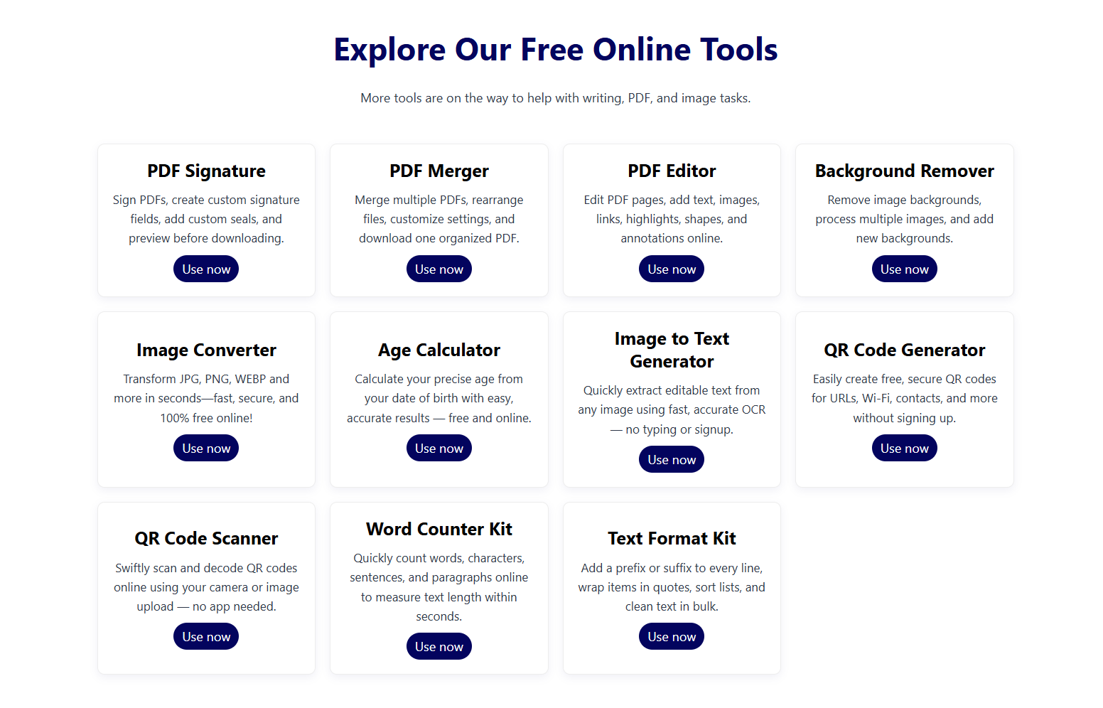 ToolFreeKit tools page showing a collection of free online tools including PDF editor, background remover, and converters.