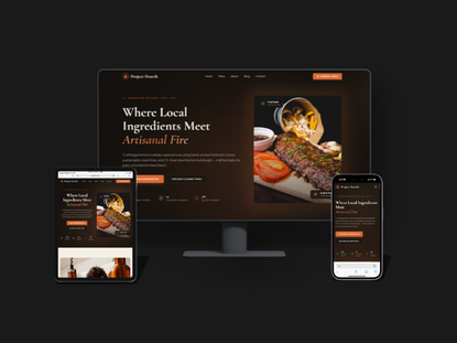 Restaurant website homepage design shown responsively across desktop, tablet, and mobile screens.