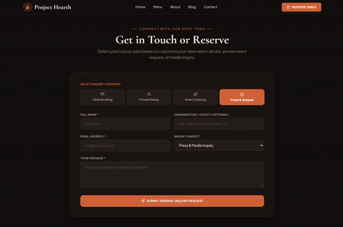 Animated demo of a multi-step contact form with selectable inquiry categories and dynamic form fields.