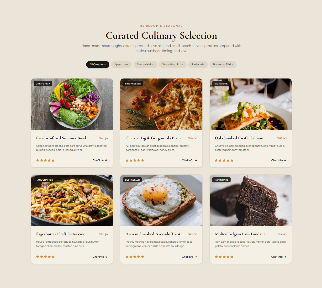 Restaurant website menu section with filterable category tabs and a grid of dish cards showing photos, names, prices, ratings, and descriptions.