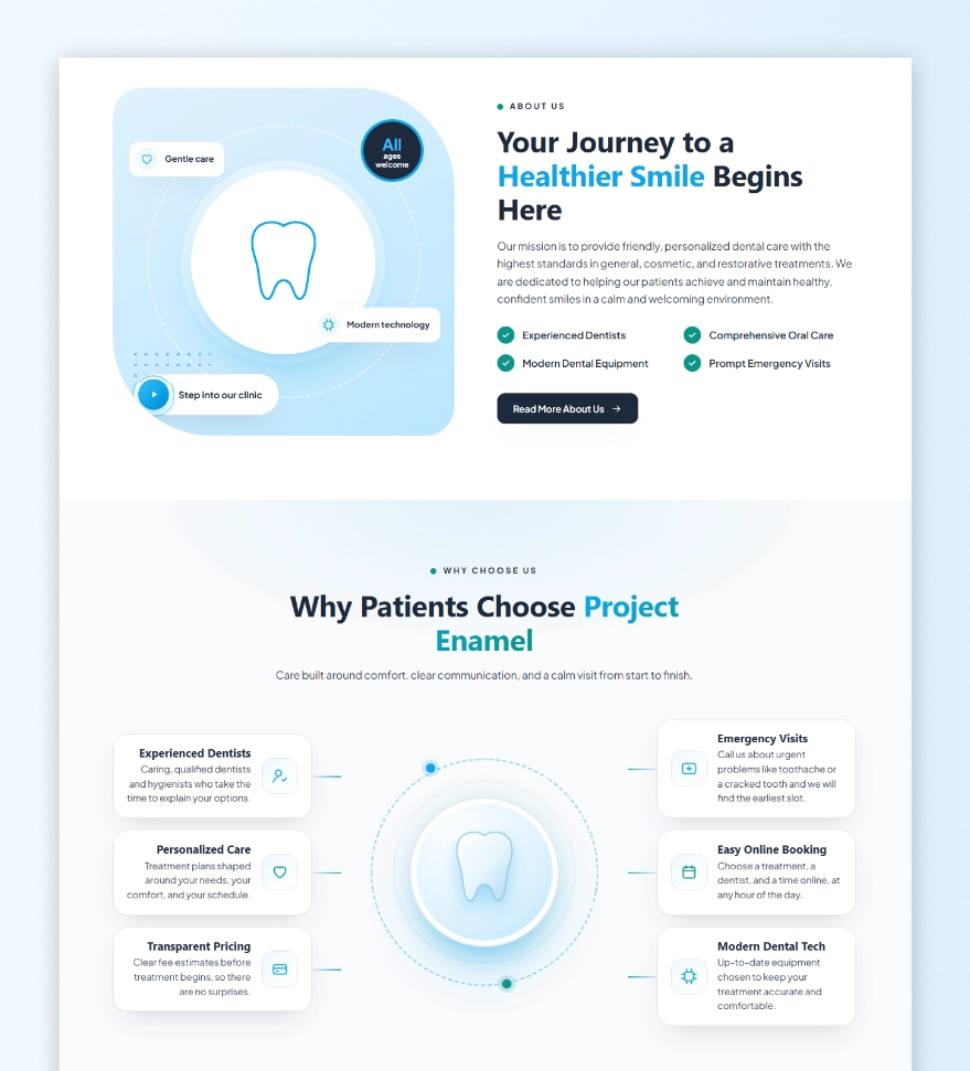 Combined website mockup showing the About Us practice overview and Why Choose Us benefits sections for Project Enamel dental clinic.