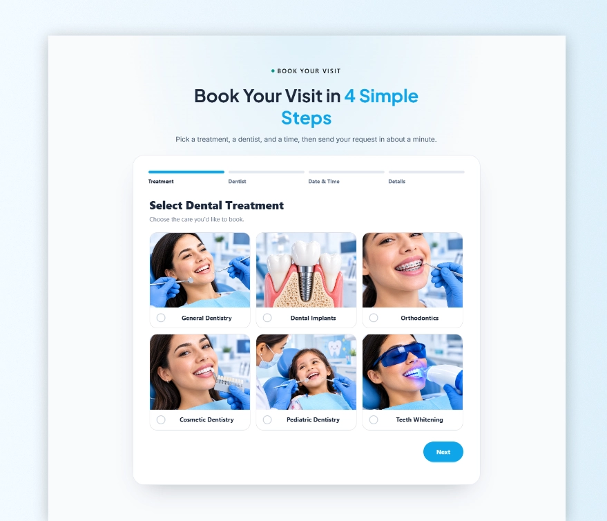Interactive 24/7 dental appointment booking form interface mockup showing date, time slot selection, and patient information fields..