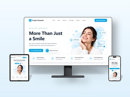 Project Enamel dental website concept shown on desktop, tablet, and phone.