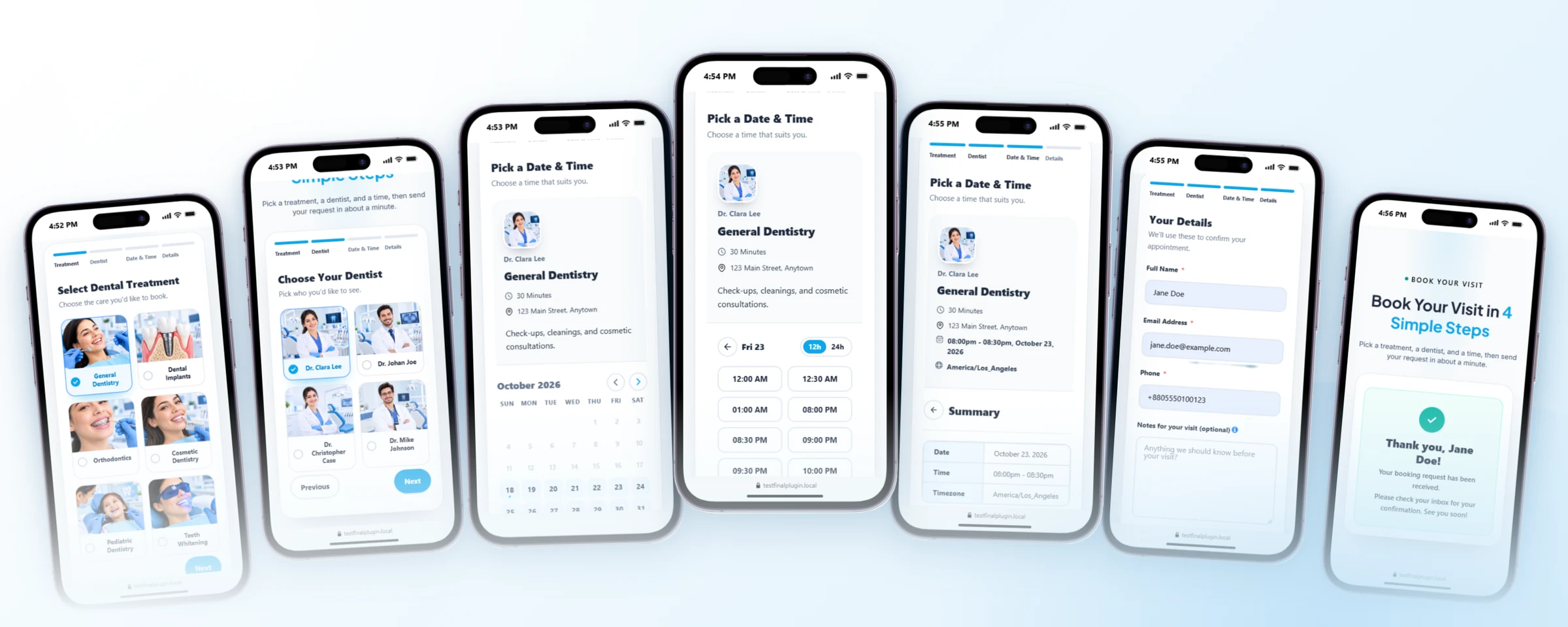 Compact strip of the Project Enamel booking flow across seven phone screens, from treatment selection to confirmation