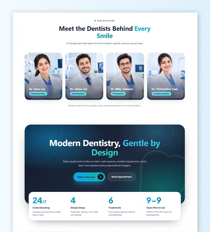 Combined website mockup featuring Our Doctors team profile cards and practice statistics section for Project Enamel dental clinic.