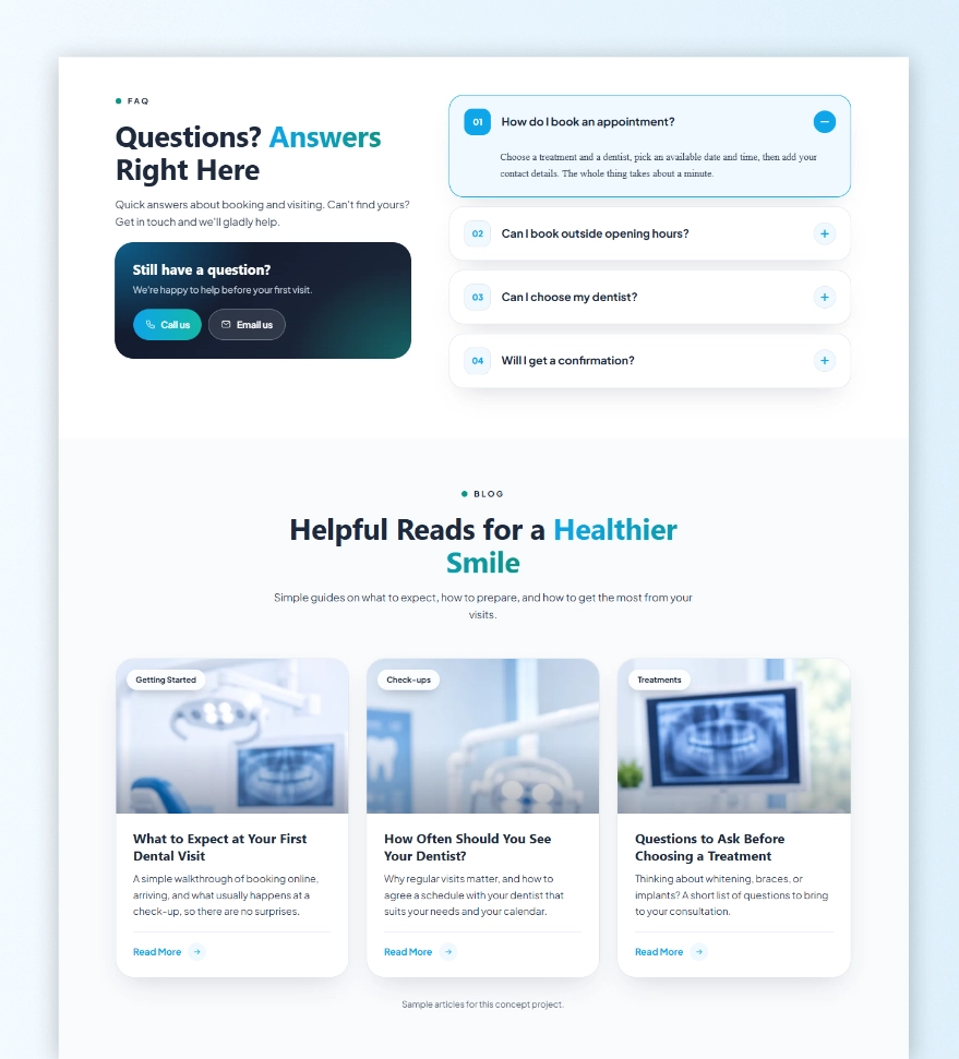 Combined website mockup featuring the dental FAQ accordions and latest oral health blog articles section for Project Enamel.