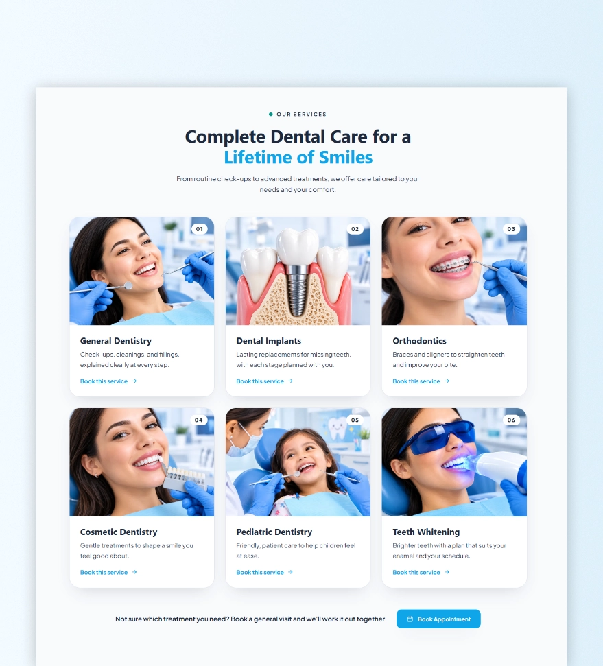 Project Enamel services section on desktop showing six dental treatments