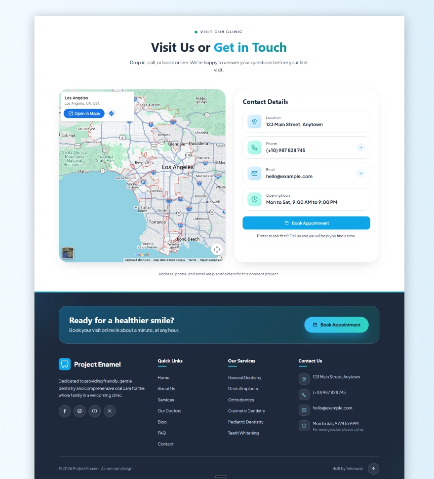 Combined website mockup featuring the Visit Our Clinic location map and office hours section alongside the footer for Project Enamel.