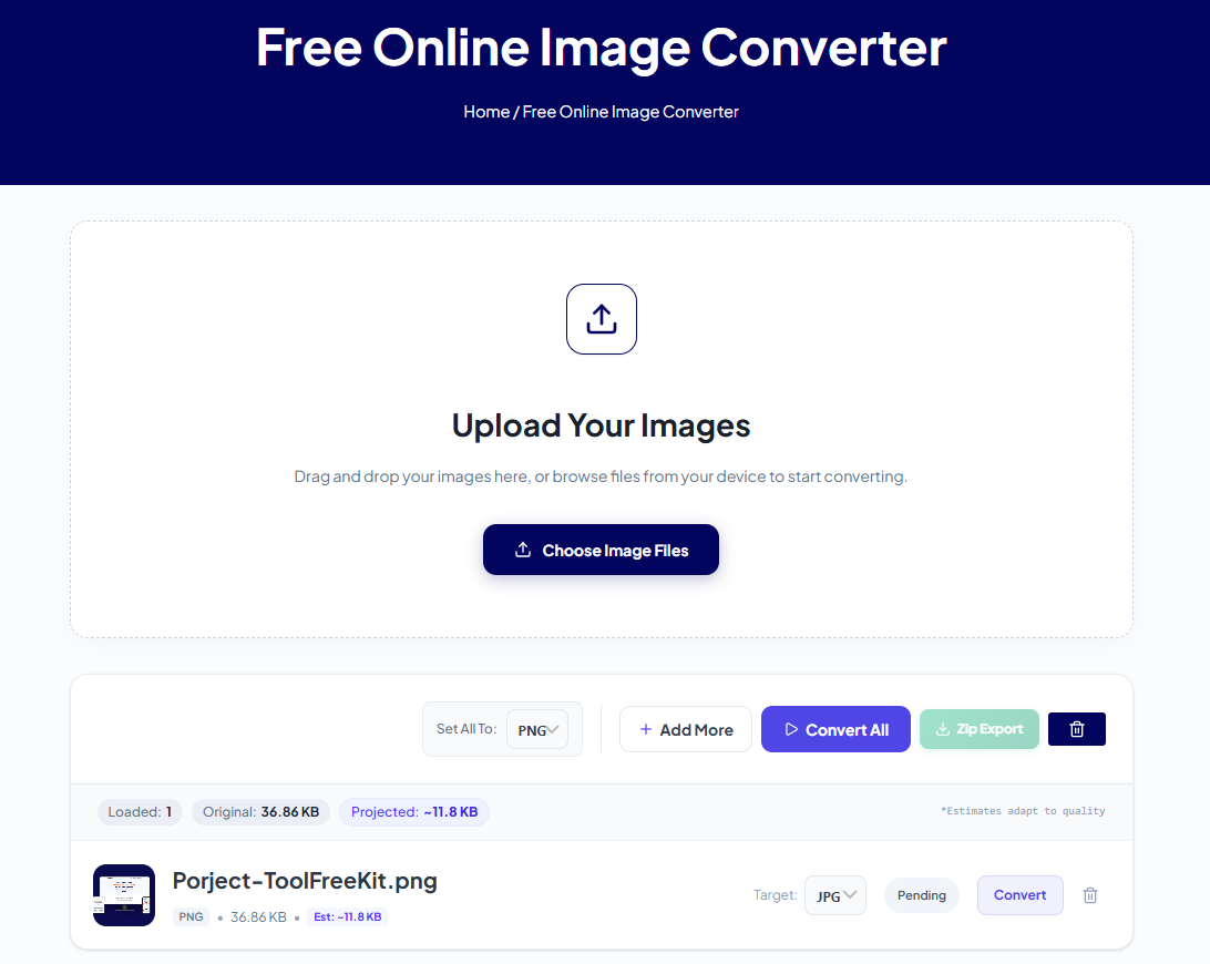 ToolFreeKit free online image converter tool for changing image formats like JPG, PNG, and WebP in the browser.