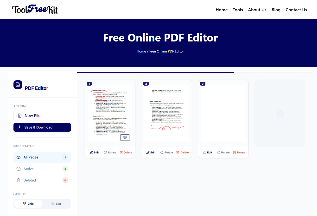 ToolFreeKit free online PDF editor for editing and annotating PDF files without uploading them in the toolfreekit sites server.