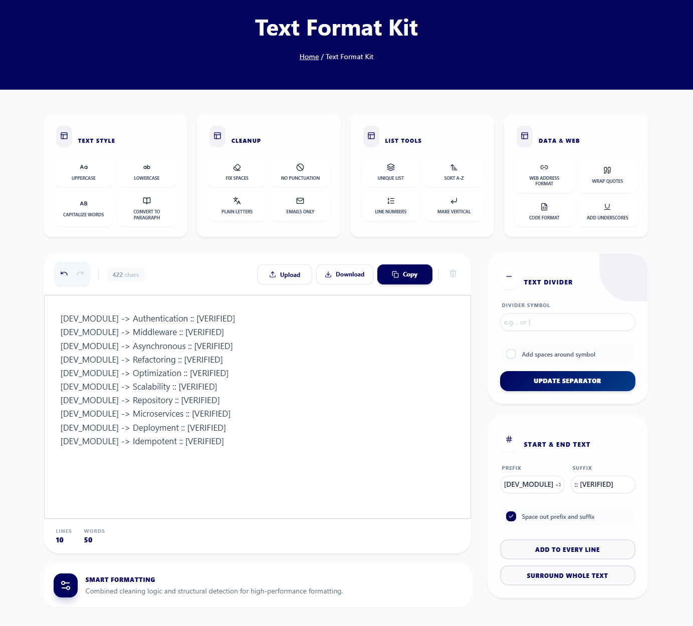 ToolFreeKit Text Format Kit tool for changing text case, cleaning up formatting, and converting text styles.