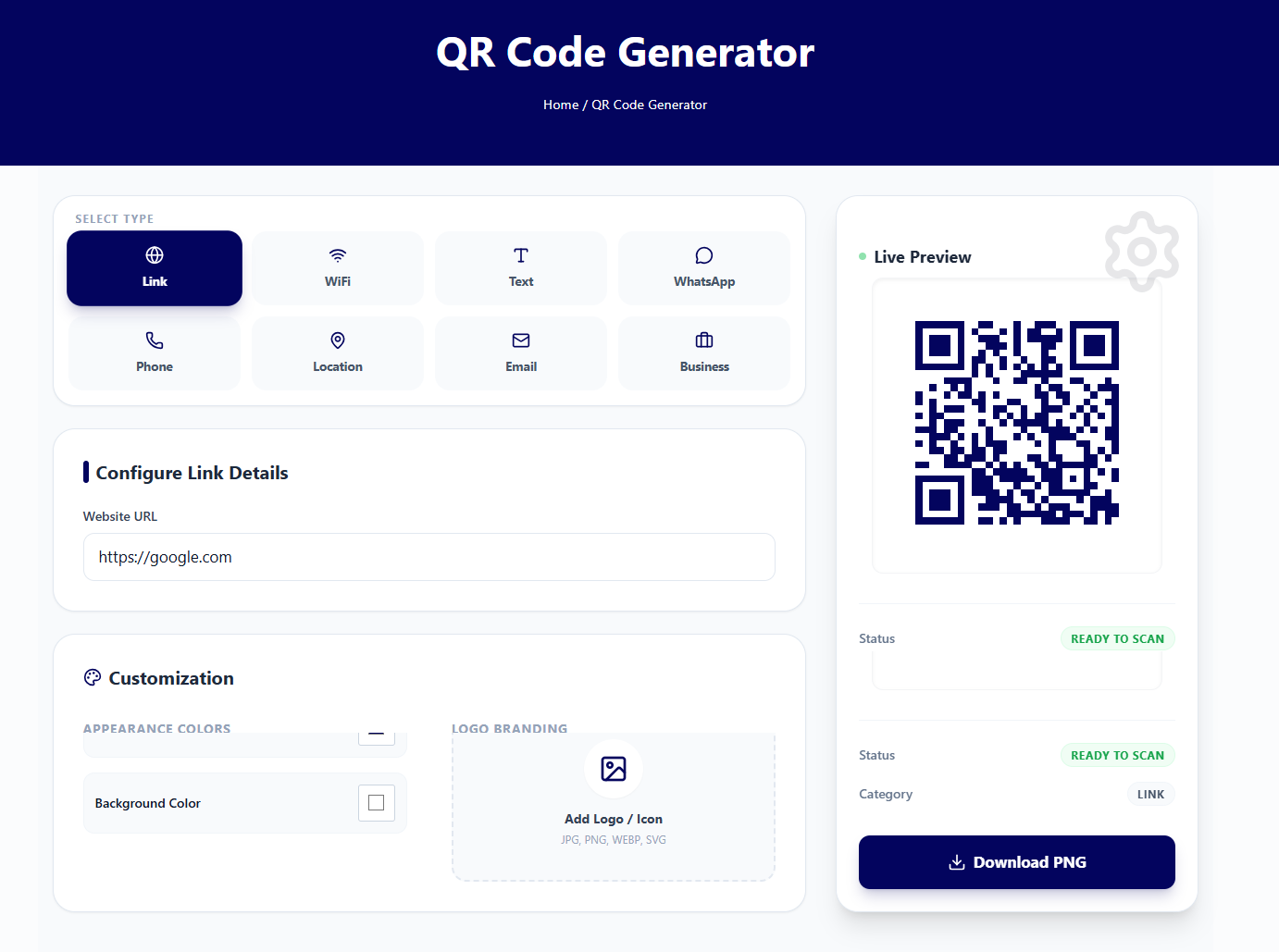 ToolFreeKit free QR code generator tool for creating custom QR codes for links and text.
